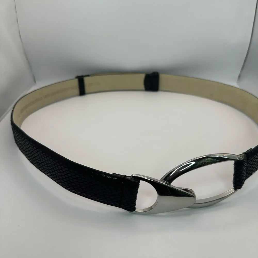 WHBM Black Leather Belt with Silver Buckle Detail Size M/L NWOT